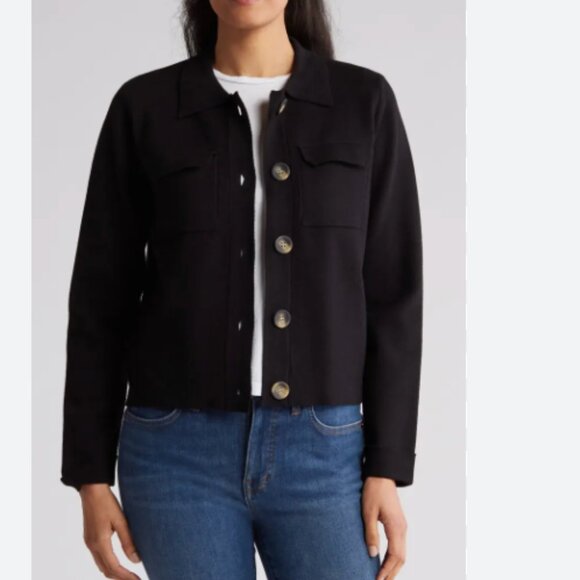 NWT T Tahari Navy Women's Collar Button Front Cardigan cropped sweater s small - Picture 1 of 9